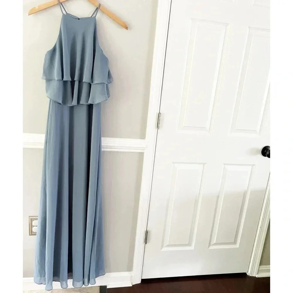 Bill Levkoff Evening Gown Slate Blue Formal Bridesmaid Maxi Dress Formal Size 8 - Picture 5 of 6